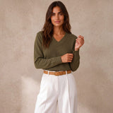 London Cashmere Company Indigo V Neck Jumper In Olive