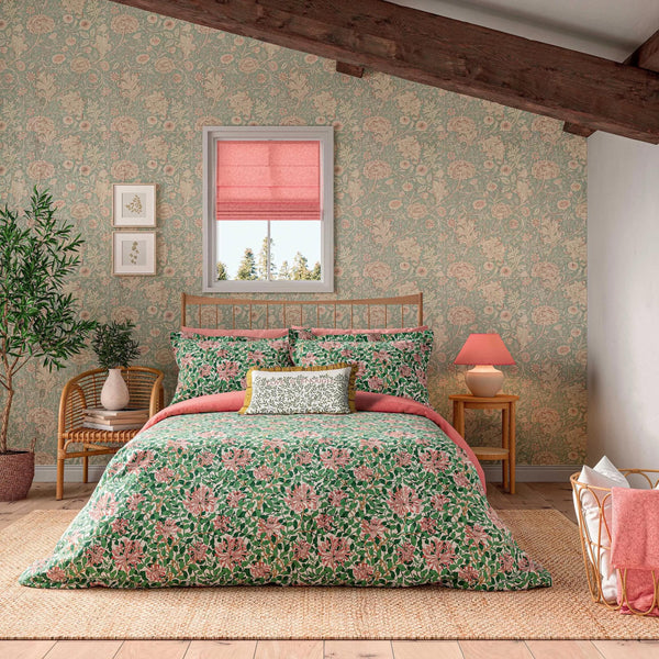 Morris & Co Honeysuckle Cover Set King Size in Evergreen & Coral