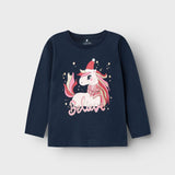 Name It Christmas Long Sleeve Unicorn Top in Dark Sapphire