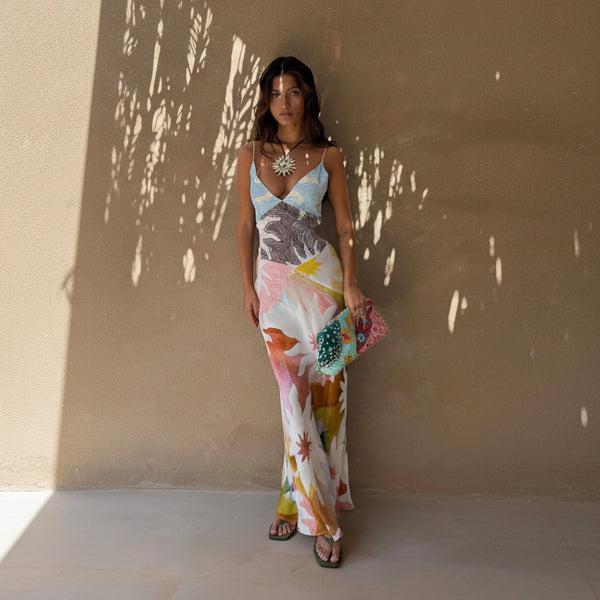 criss cross tie back floral embroidery mesh cami dress Blue Floral Crochet Maxi Dress