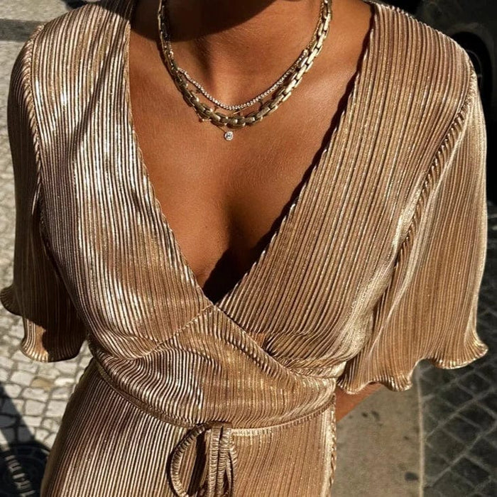 Never Fully Dressed Gold Plisse Dress