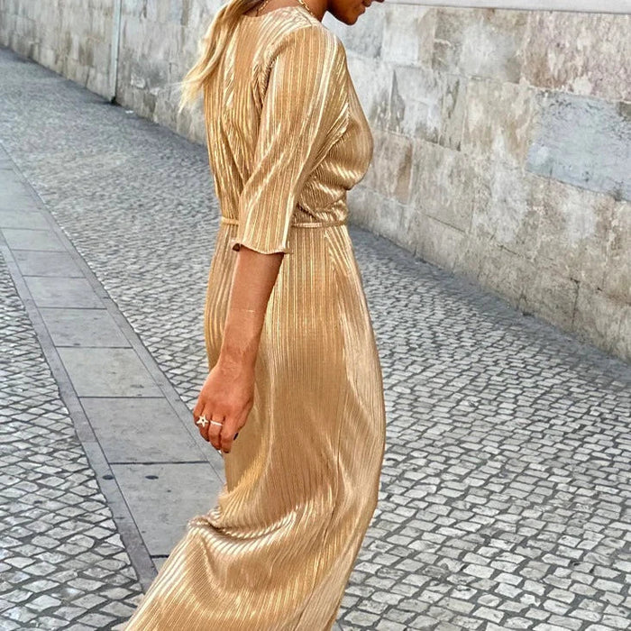 Plus Size Golden Plisse Dress Women's Glitter Flutter Sleeve Maxi Dress In Beige-Tan, Size 12, Plus Size Golden Plisse Dress Women's Glitter Flutter Sleeve Maxi Dress In Beige-Tan, Size 12,