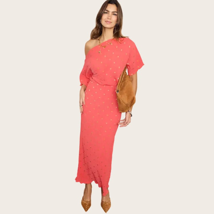 slim fit dress slacks Never Fully Dressed Plisse Tilly Dress in Coral