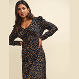Nobody's Child Black and Orange Spot Print Long Sleeve Lily Midi Dress