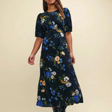 Nobody's Child Black Floral Puff Sleeve Bonnie Midi Dress