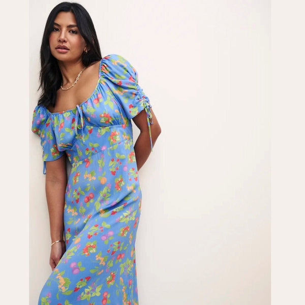 Nobody's Child Blue Fruit Print Pippa Midi Dress