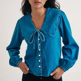 nobody's Child Denim Long Sleeve Birdie Blouse In Blue