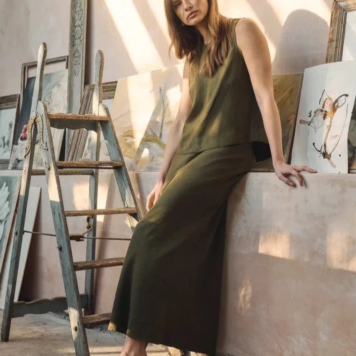 Nobody's Child Khaki Green Linen-blend Mila Midi Skirt