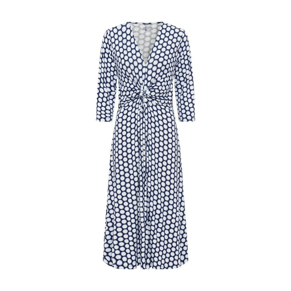 Olsen Midi length dotted dress with V-neckline and wrap look in Indigo