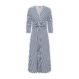 Olsen Midi length dotted dress with V-neckline and wrap look in Indigo