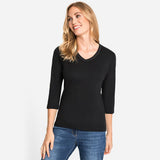 Olsen V Neck Top With ¾ Sleeve and Decorative Neckline