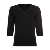 Olsen V Neck Top With ¾ Sleeve and Decorative Neckline