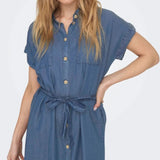 ONLY Short Sleeved Denim Dress in Dark Blue Denim