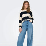 ONLY Onlatia Long Sleeve Stripe Knitted Pullover in Black/Whitecap Gray