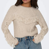 ONLY Onlmargina O-Neck Knitted Pullover with Fringes in Beige