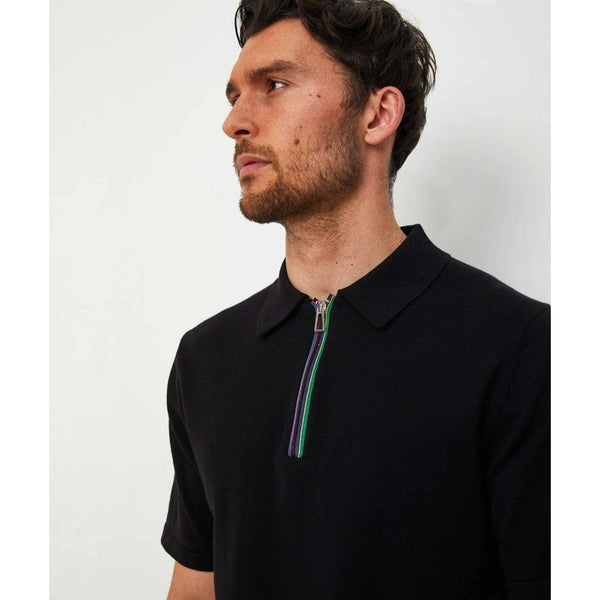 Paul Smith 'Sports Stripe' Zip Knitted Cotton Polo Shirt In Black