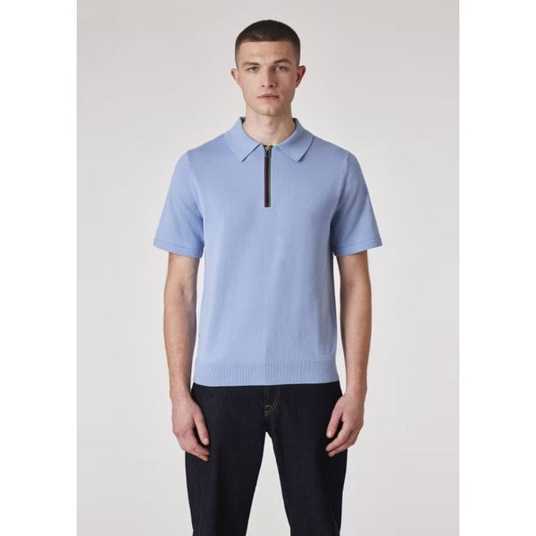 Paul Smith  'Sports Stripe' Zip Knitted Cotton Polo Shirt In Sky Blue