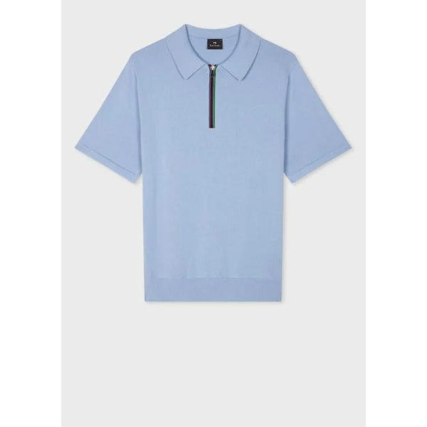 Paul Smith  'Sports Stripe' Zip Knitted Cotton Polo Shirt In Sky Blue