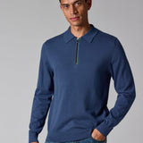 Paul Smith Sports Stripe Zip-Neck Long-Sleeve Polo Shirt Mid Blue