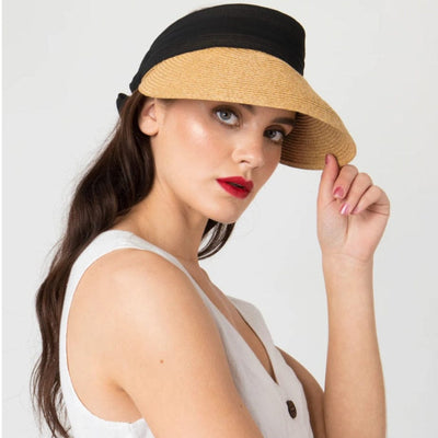 Pia Rossini Augusta Straw Roll-Up Visor with Chiffon Tie