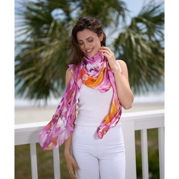Pia Rossini Floral Print Scarf in Silky Lightweight Fabric In Hot Pink