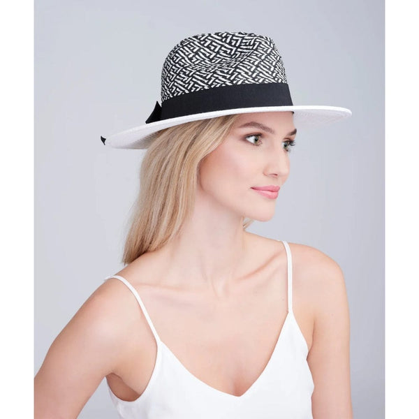 Pia Rossini Straw Fedora Hat with UPF 50 Protection In Black White