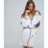 Pia Rossini White Cotton Shirt Dress In Navy Embroidery