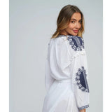 Pia Rossini White Cotton Shirt Dress In Navy Embroidery