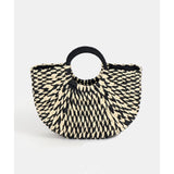 Pia Rossini Woven Straw Bag with Rattan Top Handle In Black/White