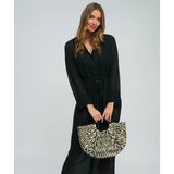 Pia Rossini Woven Straw Bag with Rattan Top Handle In Black/White