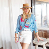 Place du Soleil Tiger Flower Print Blouse In Blue
