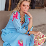 Place Du Soleil Tiger Flower Print Long Dress In Blue