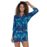 Pour Moi Chiffon Button Through Beach Shirt In Navy Floral
