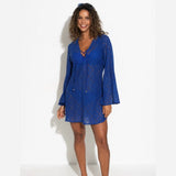 Pour Moi Crochet Lace Long Sleeve Beach Cover Up In Ultramarine