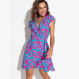 Pour Moi Frill Wrap Woven Beach Dress In Blue Pink