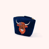 Embroidered Velvet Mini Pouch In Highland Cow