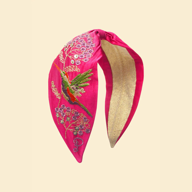 Powder Velvet Embroidered Headband Hummingbird in Raspberry