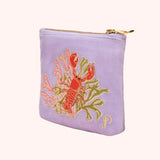 Powder Velvet Embroidered Mini Pouch - Lobster Buddies In Lavender