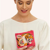 Powder Velvet Embroidered Mini Pouch - Thrill of the Tiger In Fuchsia