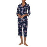 Lauren By Ralph Lauren Notch Collar 3/4 Length Sleeve Pyjama Set In Navy Floral