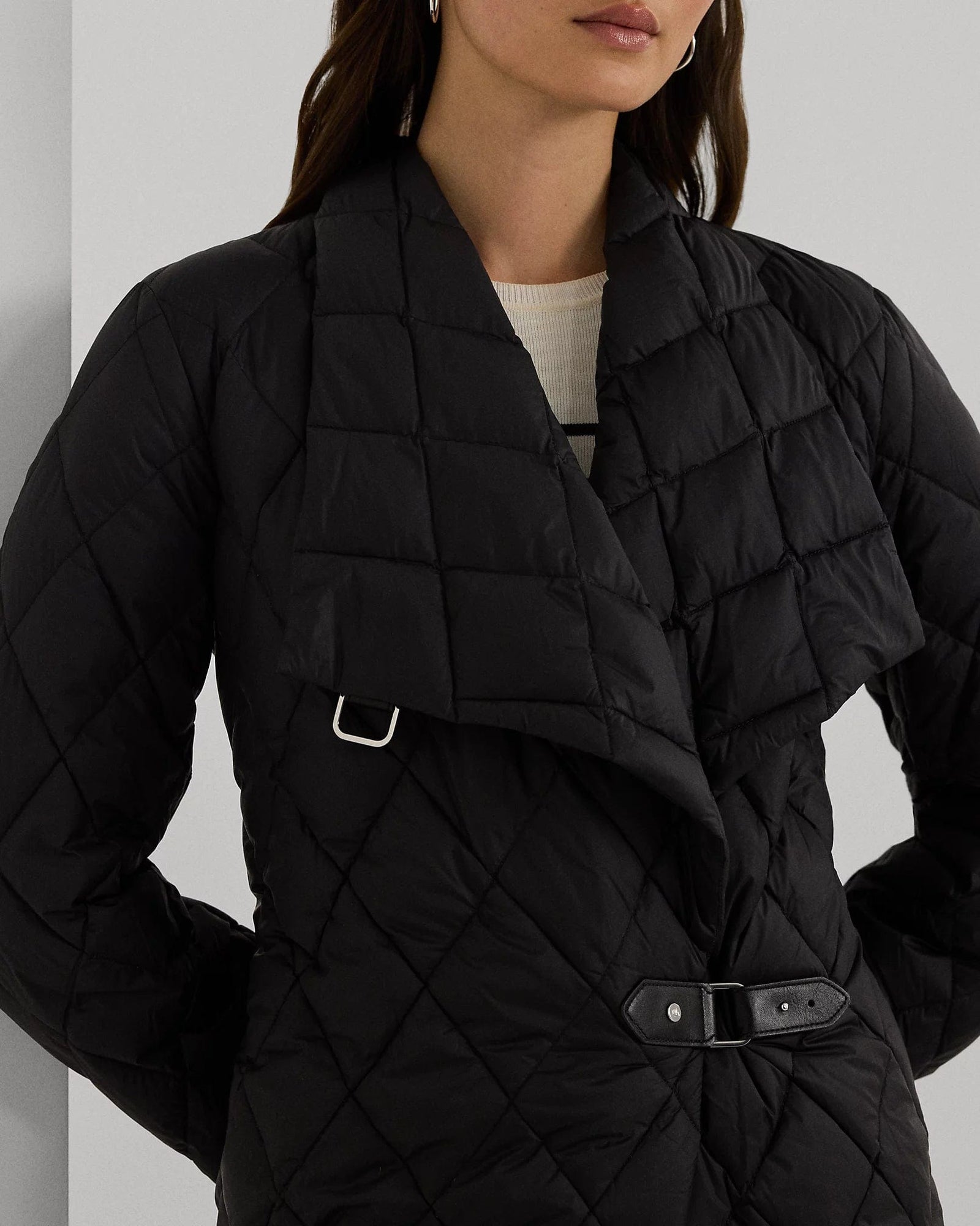 Lauren Ralph Lauren Buckle Trim Diamond Quilted Coat In Black
