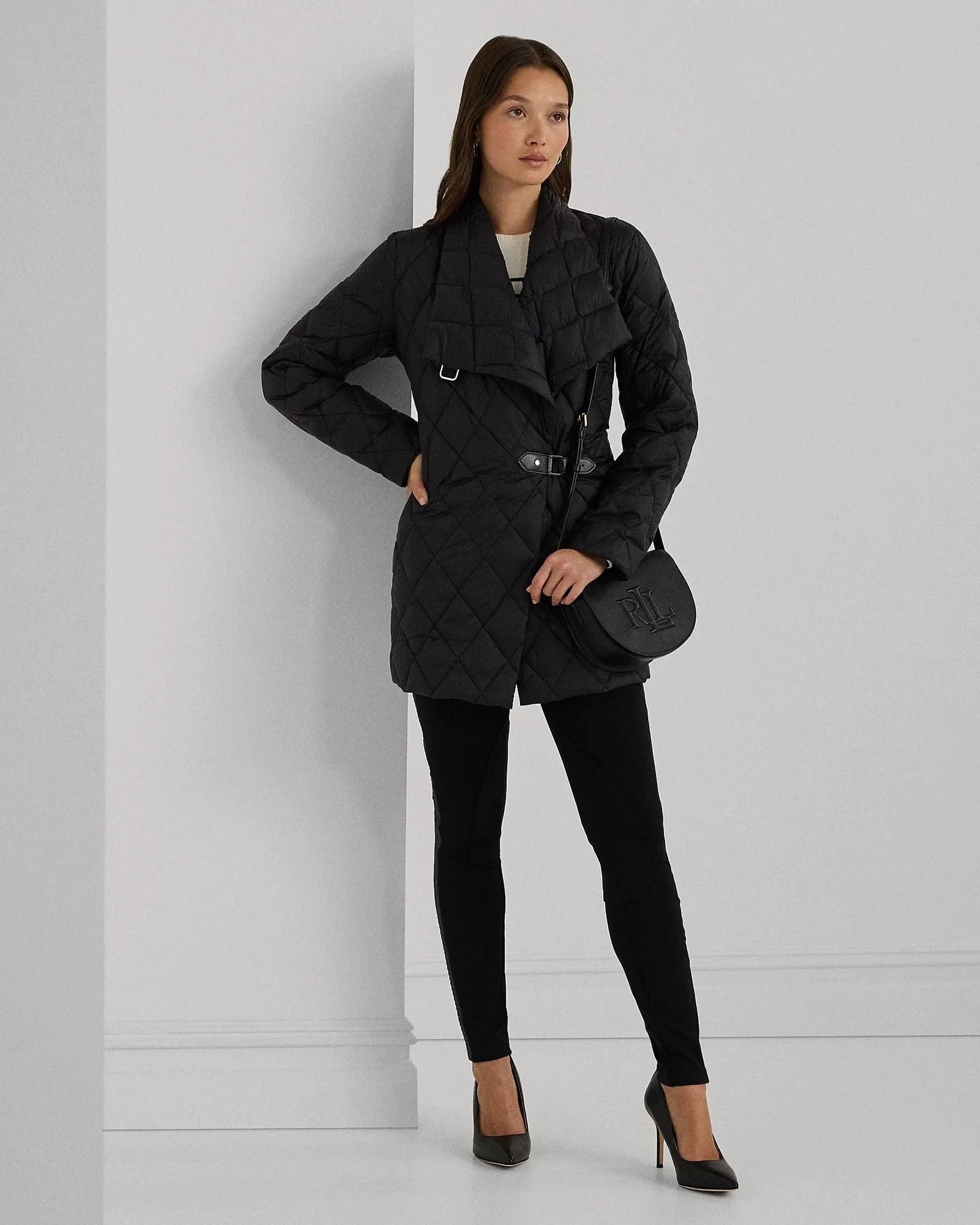 Lauren Ralph Lauren Buckle Trim Diamond Quilted Coat In Black