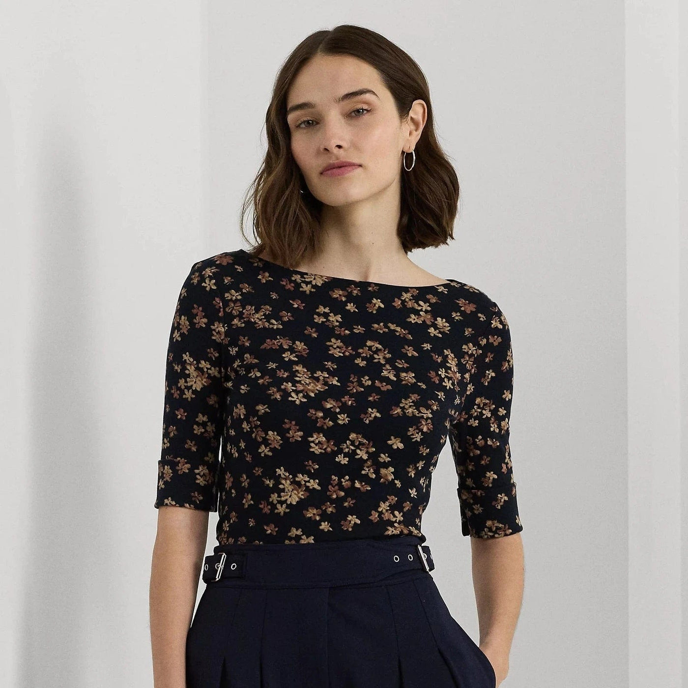 Lauren Ralph Lauren Floral Stretch Cotton Boatneck T-shirt In Navy Mul