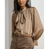 Lauren Ralph Lauren Geo-Print Twill Tie-Neck Blouse In Taupe Multi