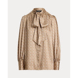 Lauren Ralph Lauren Geo-Print Twill Tie-Neck Blouse In Taupe Multi