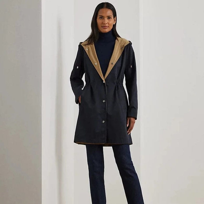 LAUREN RALPH LAUREN Lauren Ralph Lauren Belted Georgette Short Sleeve Dress Lauren Ralph Lauren Reversible Hooded Anorak In Navy ⁄ Birch Tan