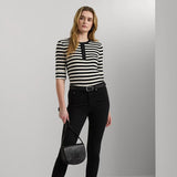 Lauren Ralph Lauren Striped Stretch Cotton Henley Tee In Black/Mascarpone Cream