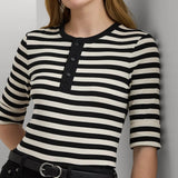 Lauren Ralph Lauren Striped Stretch Cotton Henley Tee In Black/Mascarpone Cream