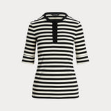 Lauren Ralph Lauren Striped Stretch Cotton Henley Tee In Black/Mascarpone Cream