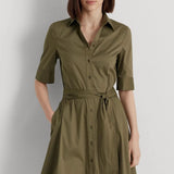 Lauren Ralph Lauren Belted Cotton-Blend Shirtdress in Olive